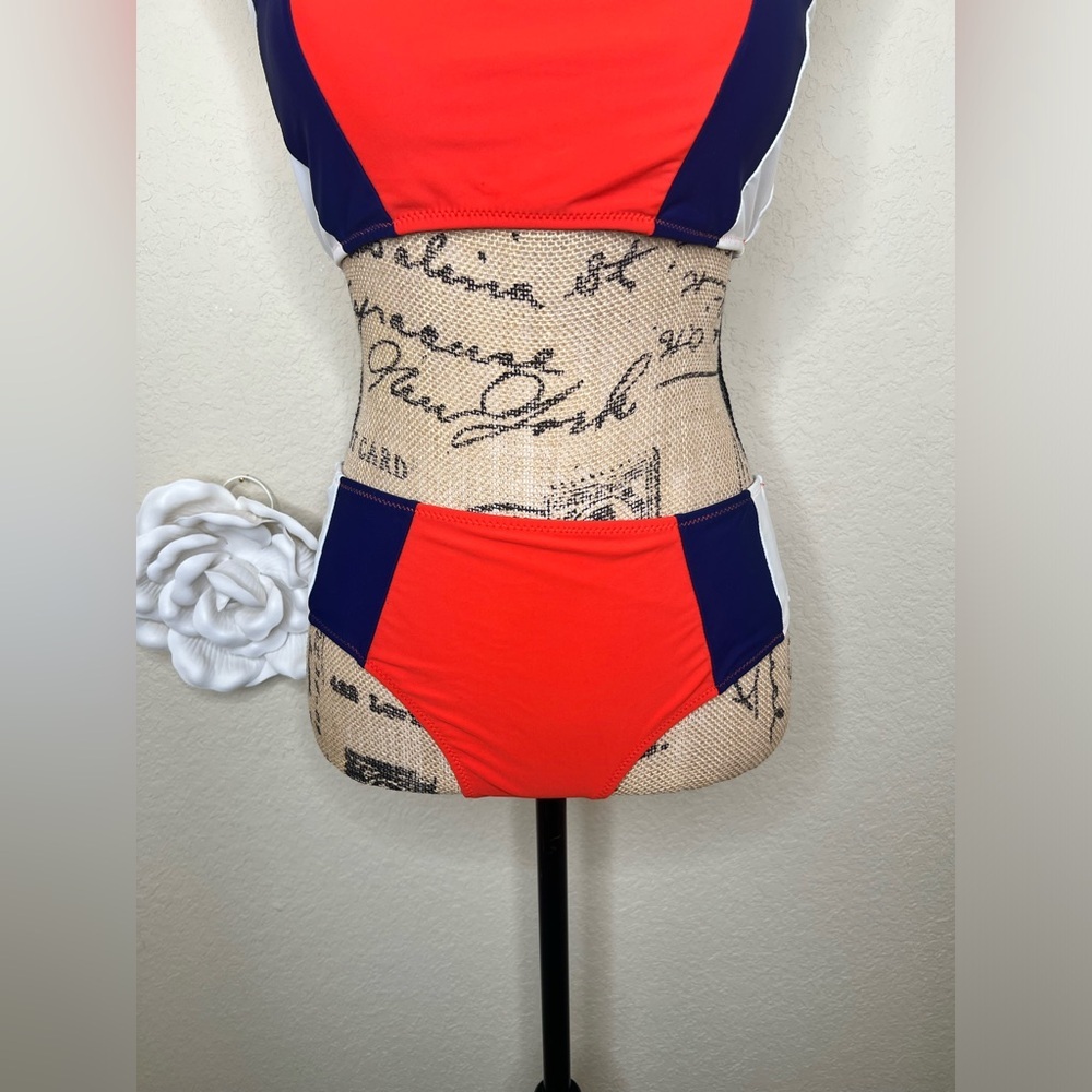 Cupshe Colorblock Bikini Set Orange Blue White Mid Rise Swim Size M - Picture 6 of 16